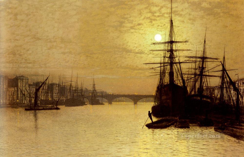 ロンドン橋下のテムズ川の都市風景 ジョン・アトキンソン・グリムショー油絵